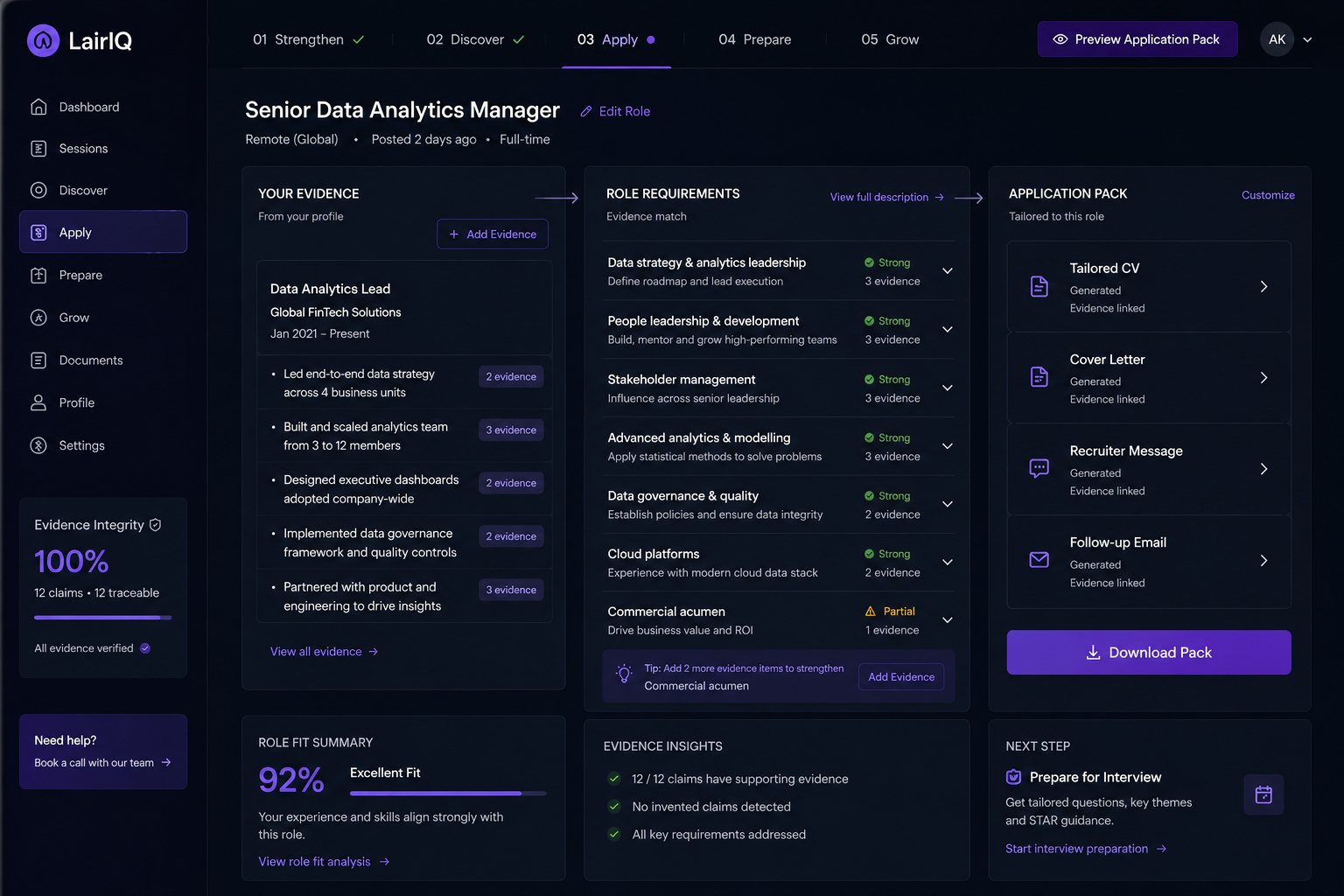 LairIQ interface: a role application being assembled, showing evidence from the candidate’s history matched against role requirements, with a generated application pack and a role-fit score.